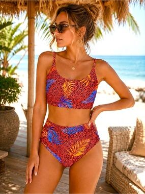 New Raisins Raisins Tropical Print High-Waist Bikini Set - Red/Blue Size L
